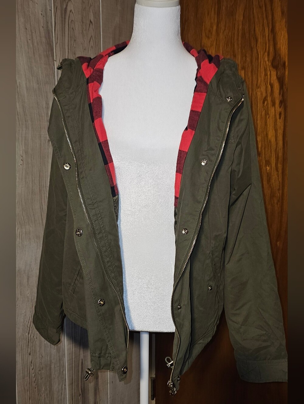 Forever 21 Olive Green Utility Jacket with Red Plaid Lining